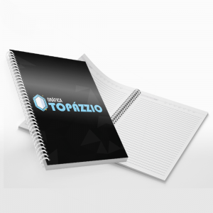 Caderno Personalizado A5 Capa: (Glossy 130g + Papelão Holler 1.7) + Miolo: (200pg / 100 Folhas Sulfite 75g) 21x15,5cm Capas 4x0 (Colorido só Frente) - Miolo 1x1 (Preto e Branco, Frente e Verso) BOPP Wire-o 5/8 Miolo Pautado